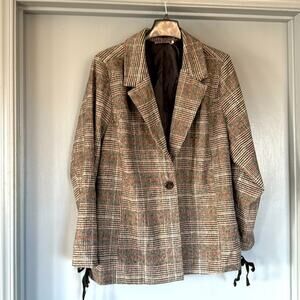 Red by BKE  Plaid Blazer Long Sleeve Lined Career One Button Side Lacing Sz L